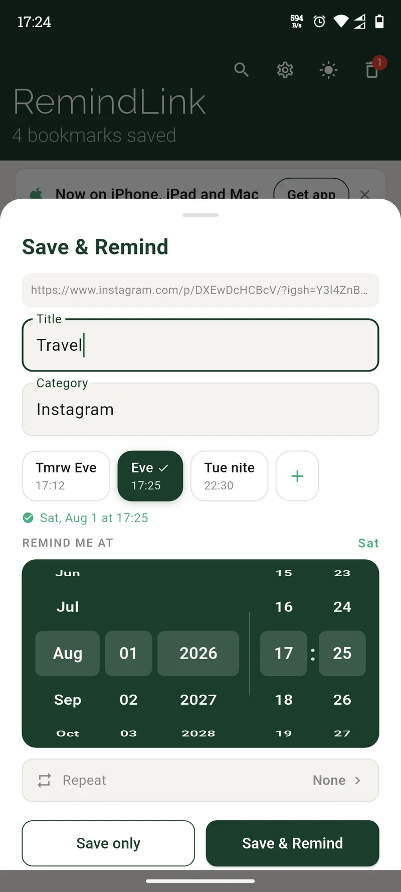 RemindLink add bookmark screen with date picker