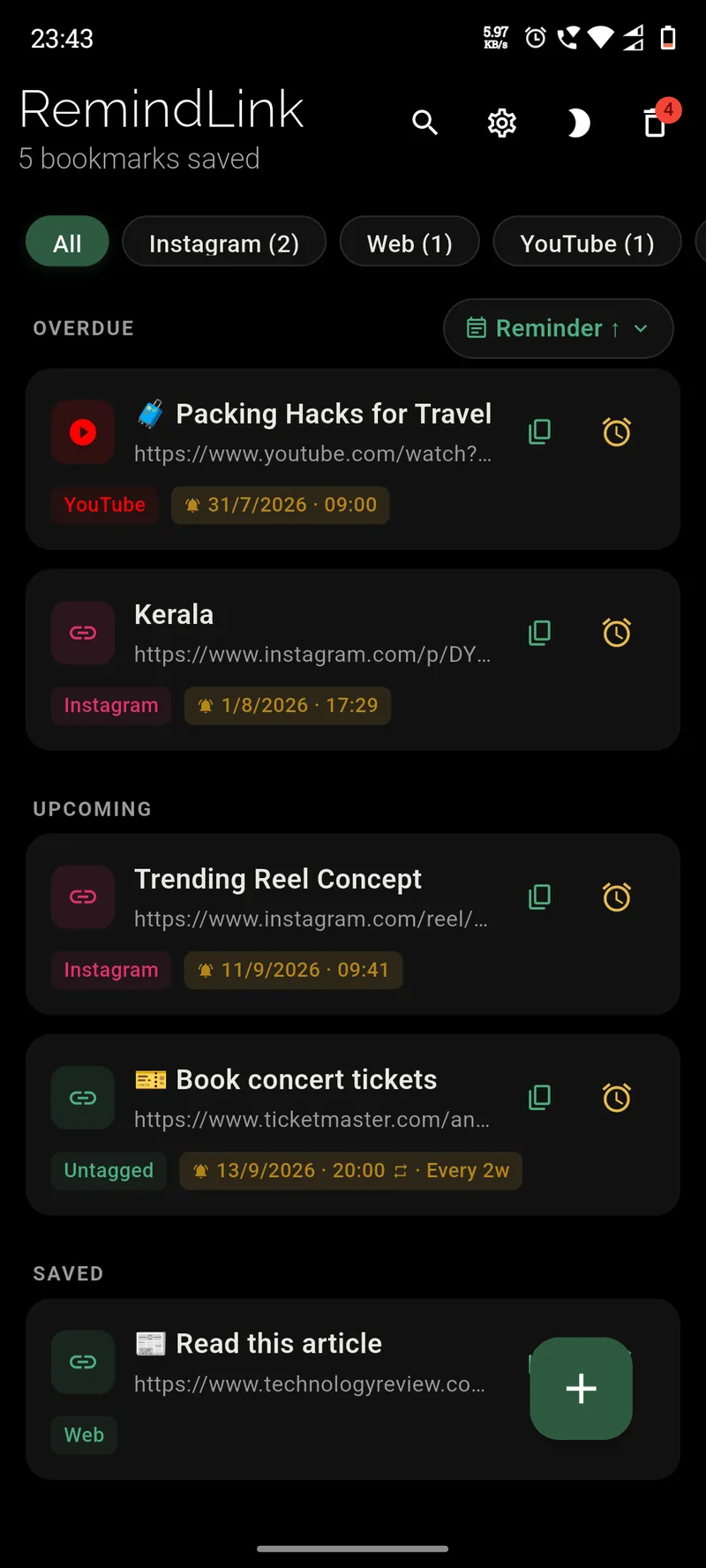 RemindLink app screenshot showing saved bookmarks with reminder times