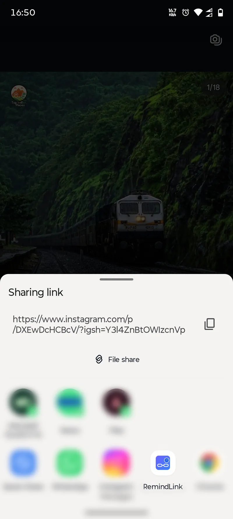 Share menu showing RemindLink